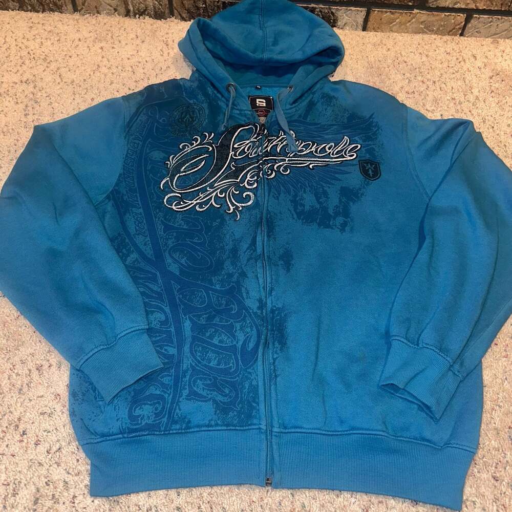 Southpole Vintage Y2K Blue Full Zip Hoodie With Graphic Script Embroidery